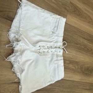 white tie up jean shorts